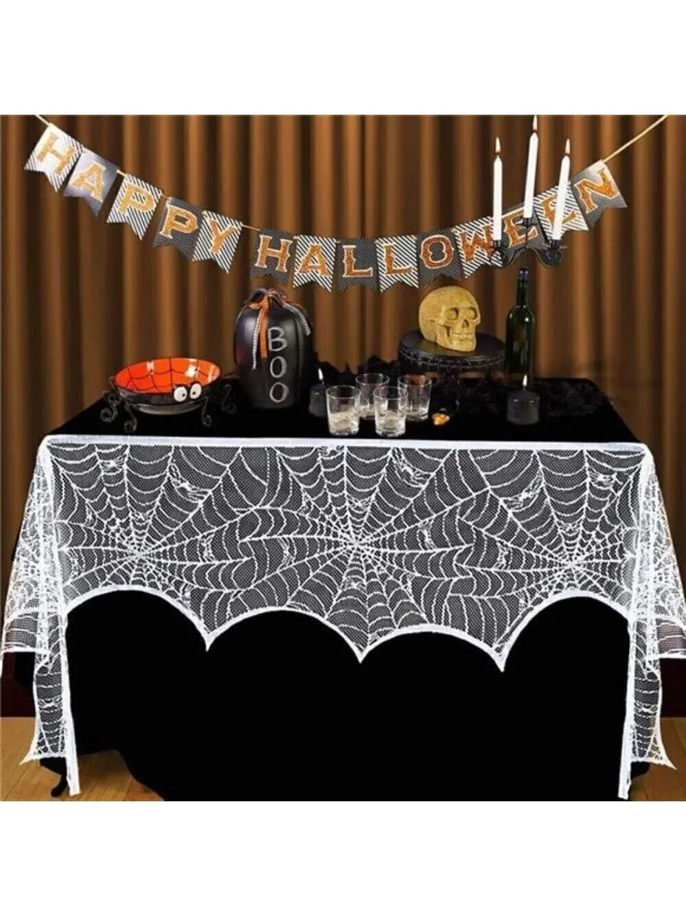 Halloween Decorations Indoor Fireplace Mantel Scarf, White Lace Spiderweb Fire